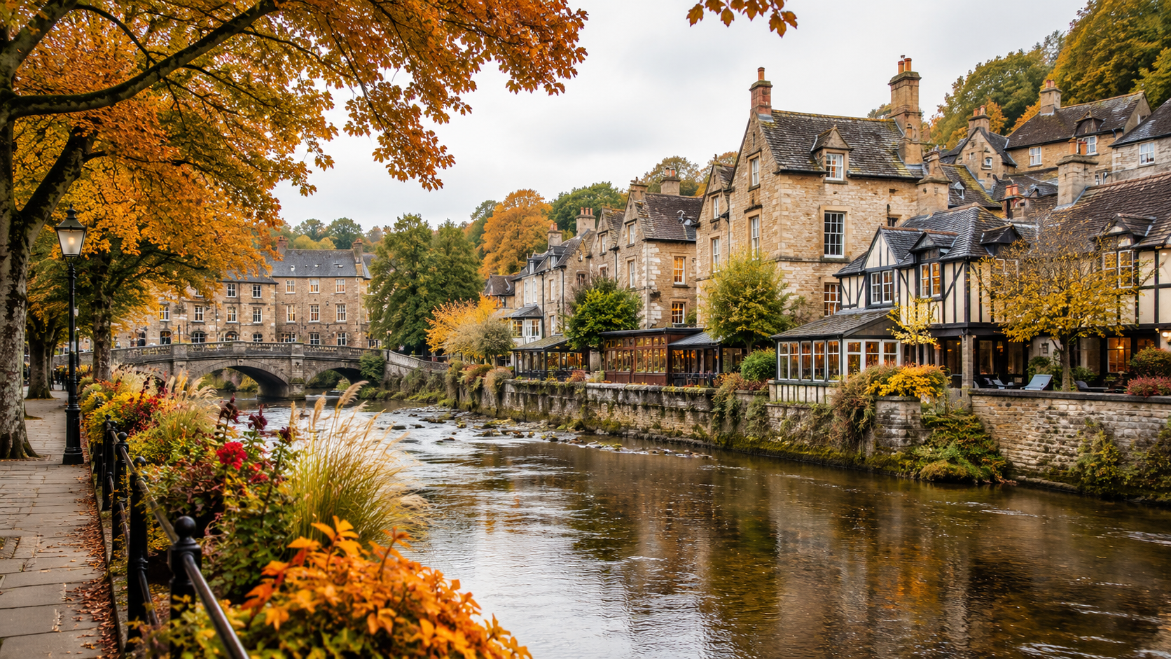 Autumn riverside village with historic stone buildings and golden fall foliage, perfect inspiration for a fall 2027 vacation.