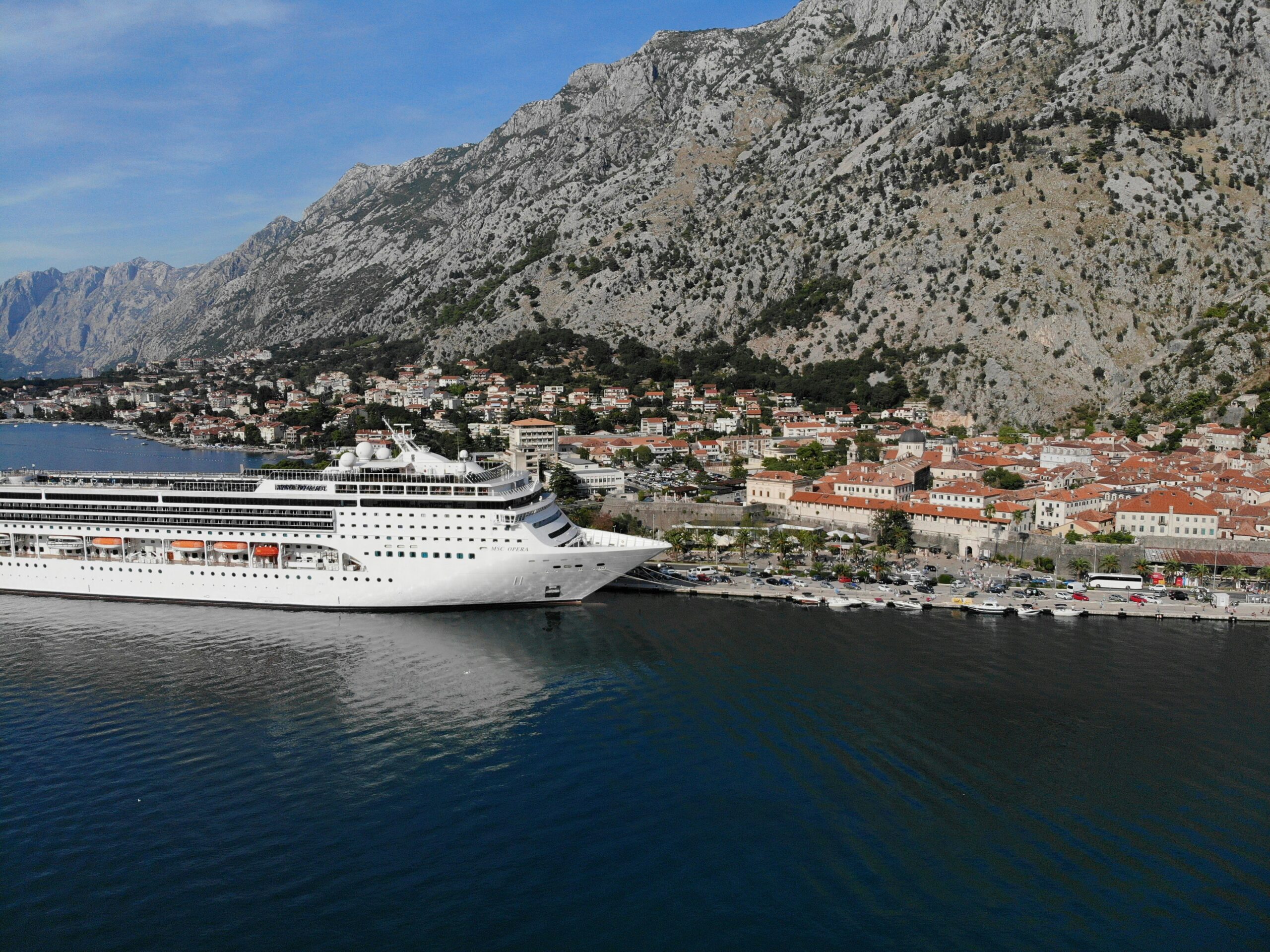 Cruise ship docked at port in the med.